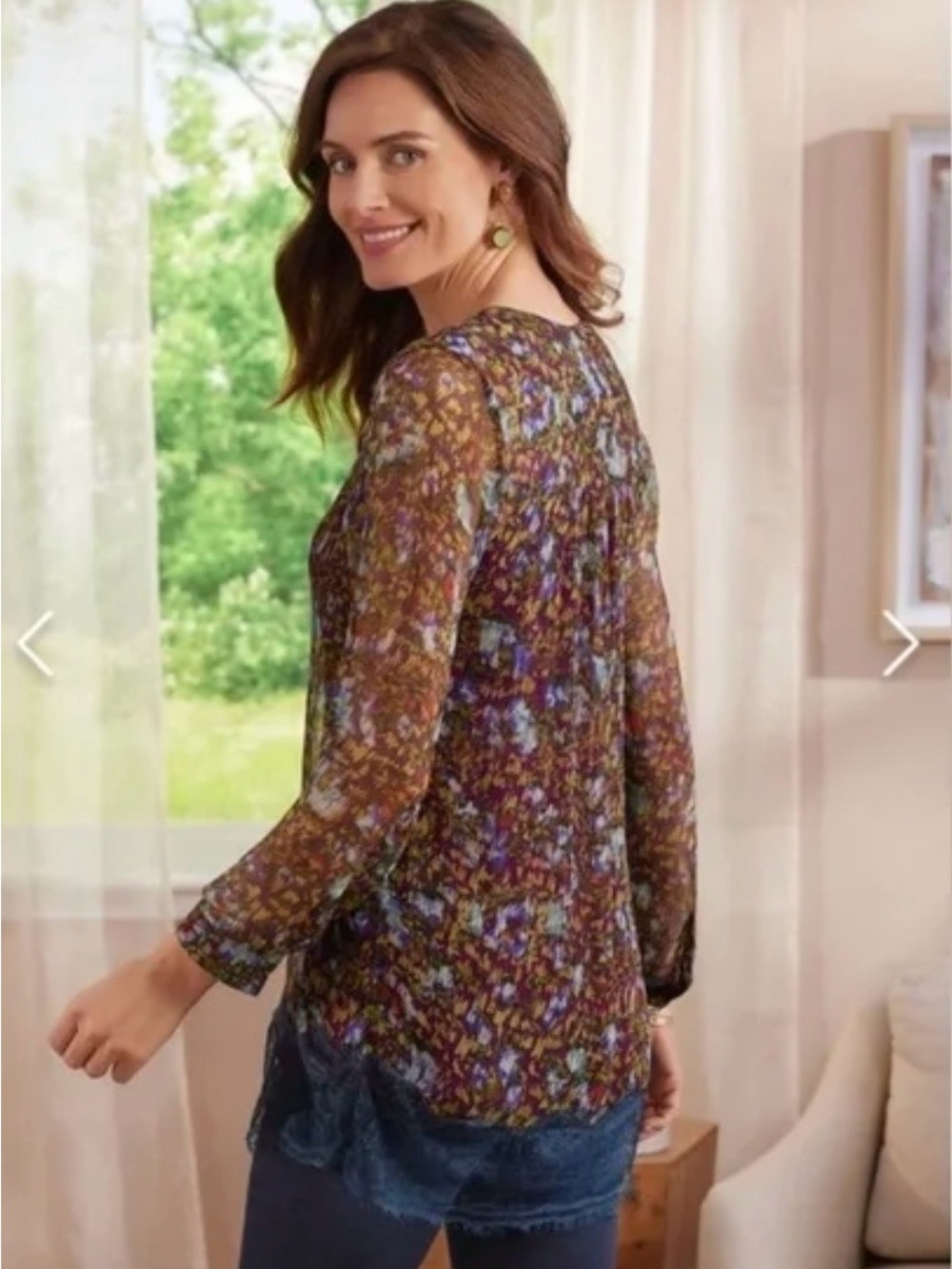 Soft Surroundings Sheer Floral Tunic in Olive, Navy & Purple